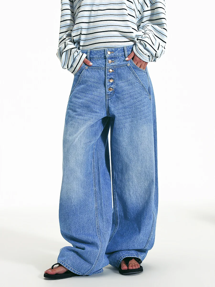 

High Waist Wide Leg Loose Fit Women's Jeans Cotton Comfortable Vintage American Style Loose Jeans Pants with Button Closure