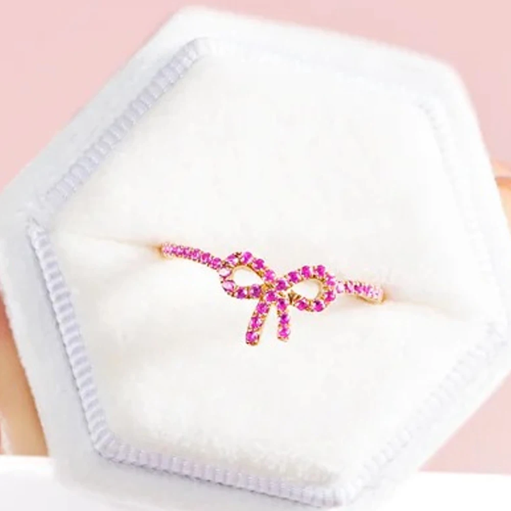 Monkton 14K Gold Plated S925 Sterling Silver Pink Bow Rings for Women Exquisite Infinity Rings for Teen Girls Fine Jewelry