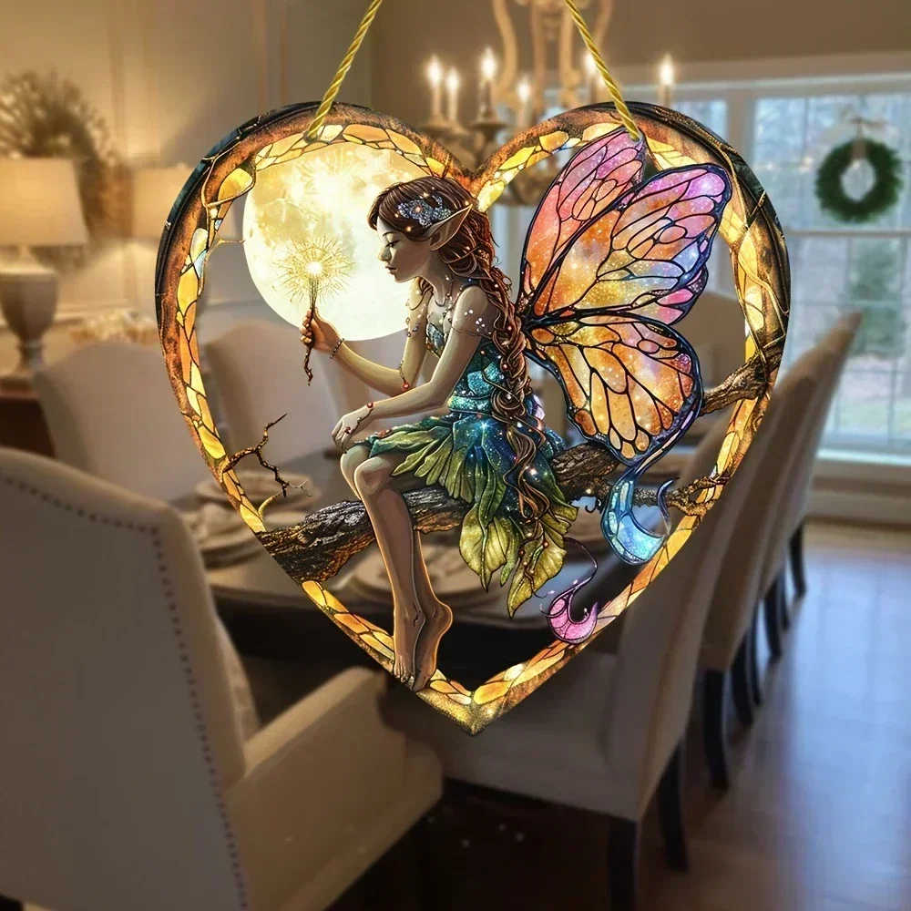 2025 Fairy Angel Colorful Art Flower Suncatcher Stained Window Hanging Round Acrylic Pendant For Home Garden Yard Ornament Decor