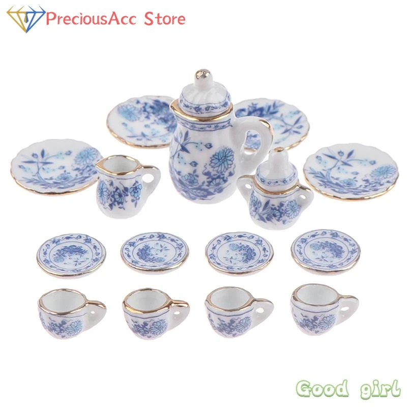 15Pcs 1:12 소형 도자기 티 컵 세트 꽃 식기 주방 인형 집 가구 어린이를위한 장난감 티 컵 인형 집