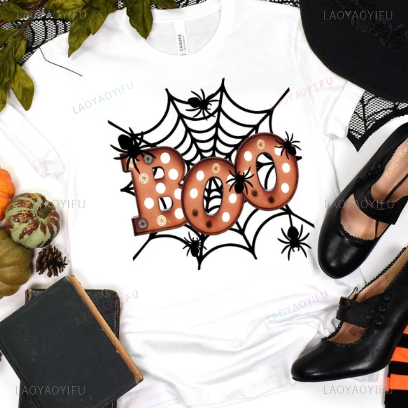 Funny Boo Spider Web Graphic T Shirts Woman Man Halloween Creative Fashion High Quality Cotton T-shirt Jack-O-Lantern Tops Tee