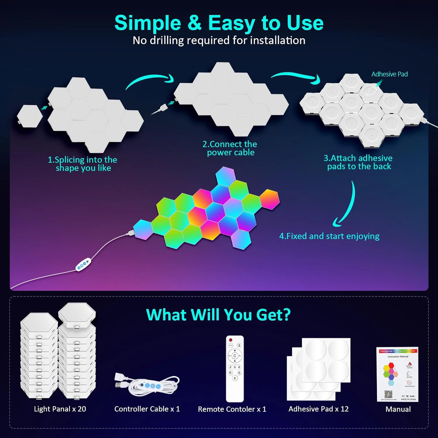 스마트 앱 육각 모듈 게임 조명, 음악 동기화, 벌집 모양 육각 조명, 벽 RGB 패널, 20 팩, 12 팩, 8/3 팩