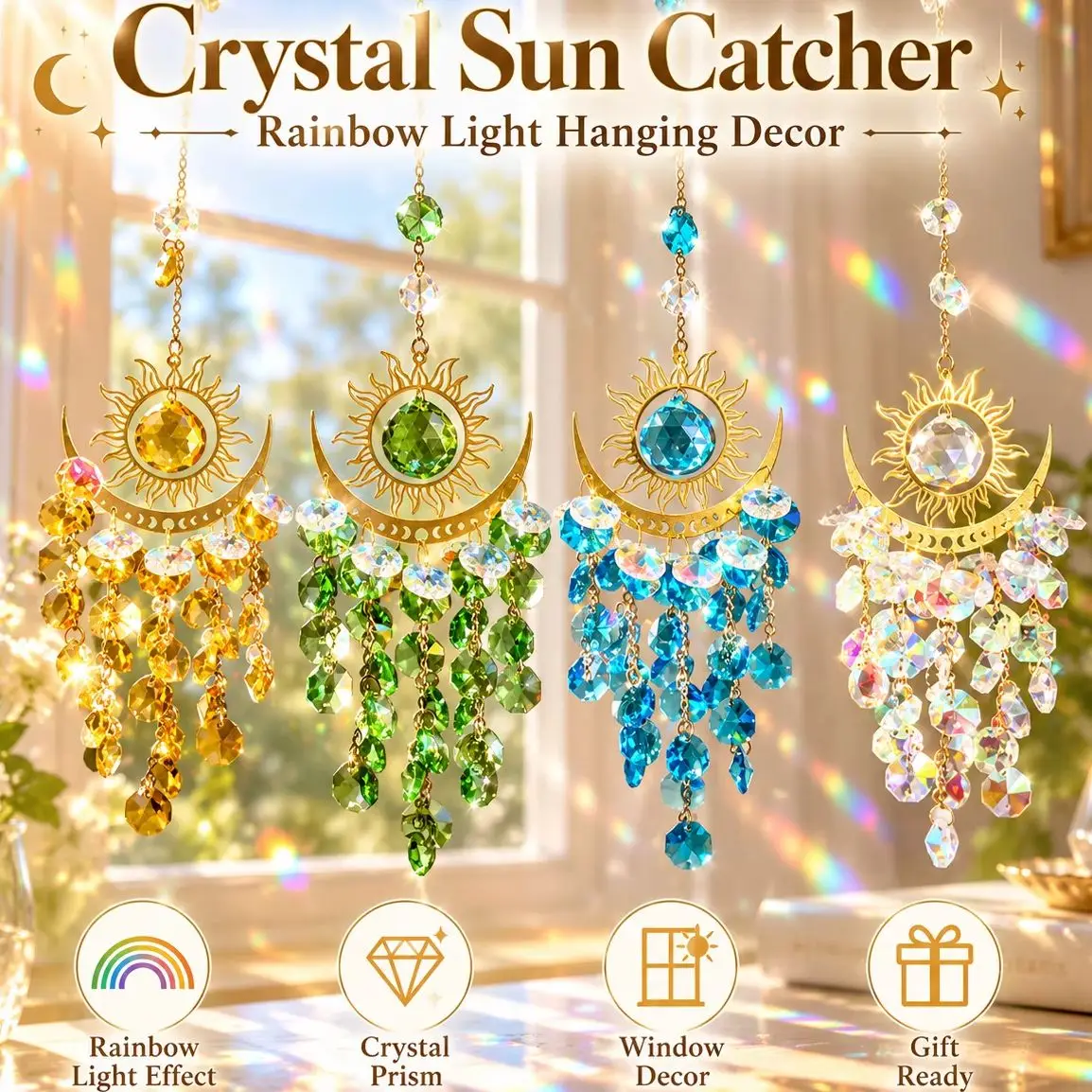 Sun Moon Crystal Sun Catcher, Rainbow Prism Hanging Ornament, Colorful Crystal Tassel Window Decor for Home Garden & Gift
