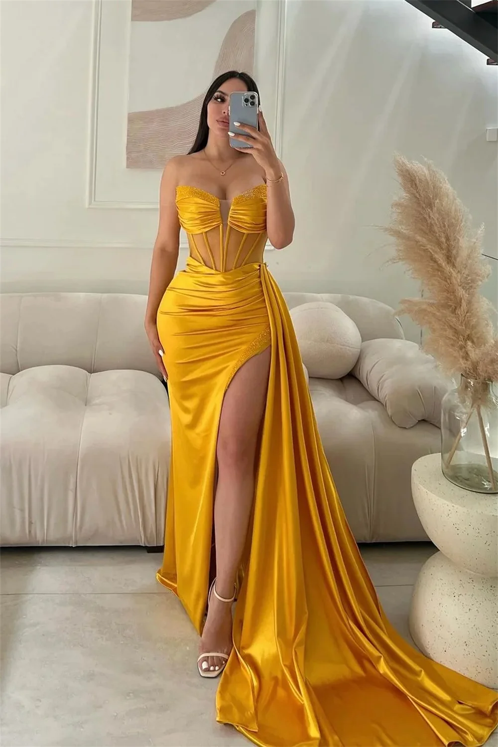 Bella-Vestidos De graduación sin tirantes, vestido De novia De satén De sirena, elegante, sin mangas, personalizado, Sexy, con abertura lateral, 2024