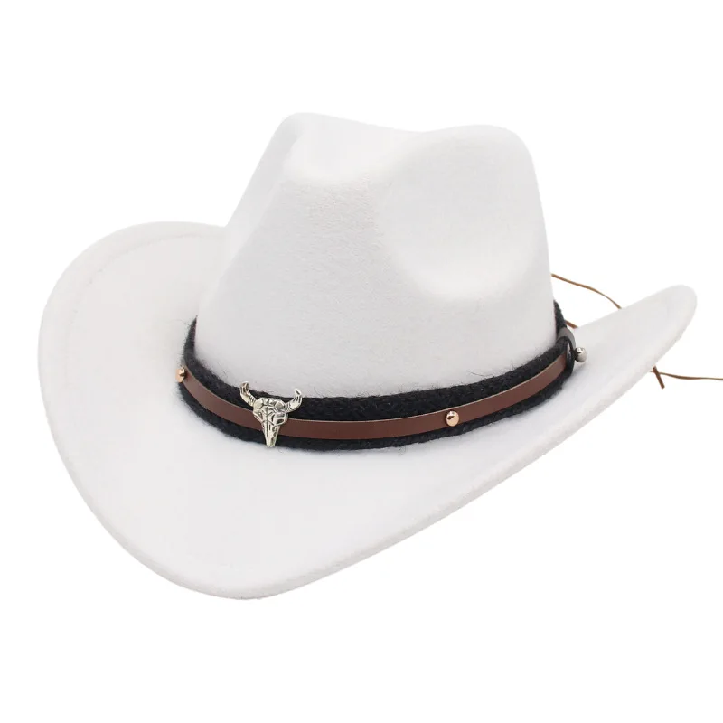 Vintage Western Felt Cowboy Hat with Small Bull Head Decor Ethnic Style Curved Brim Fedora for Men and Women Party & Performance