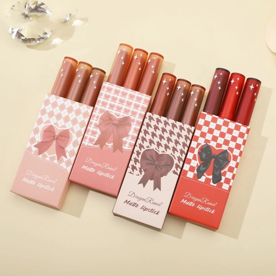 Three Lip Glaze Set,ลิปสติกเนื้อแมทกํามะหยี่ติดทนนาน,ลิปกลอสเนื้อแมตต์อเนกประสงค์ไม่ซีดจางไม่ติด