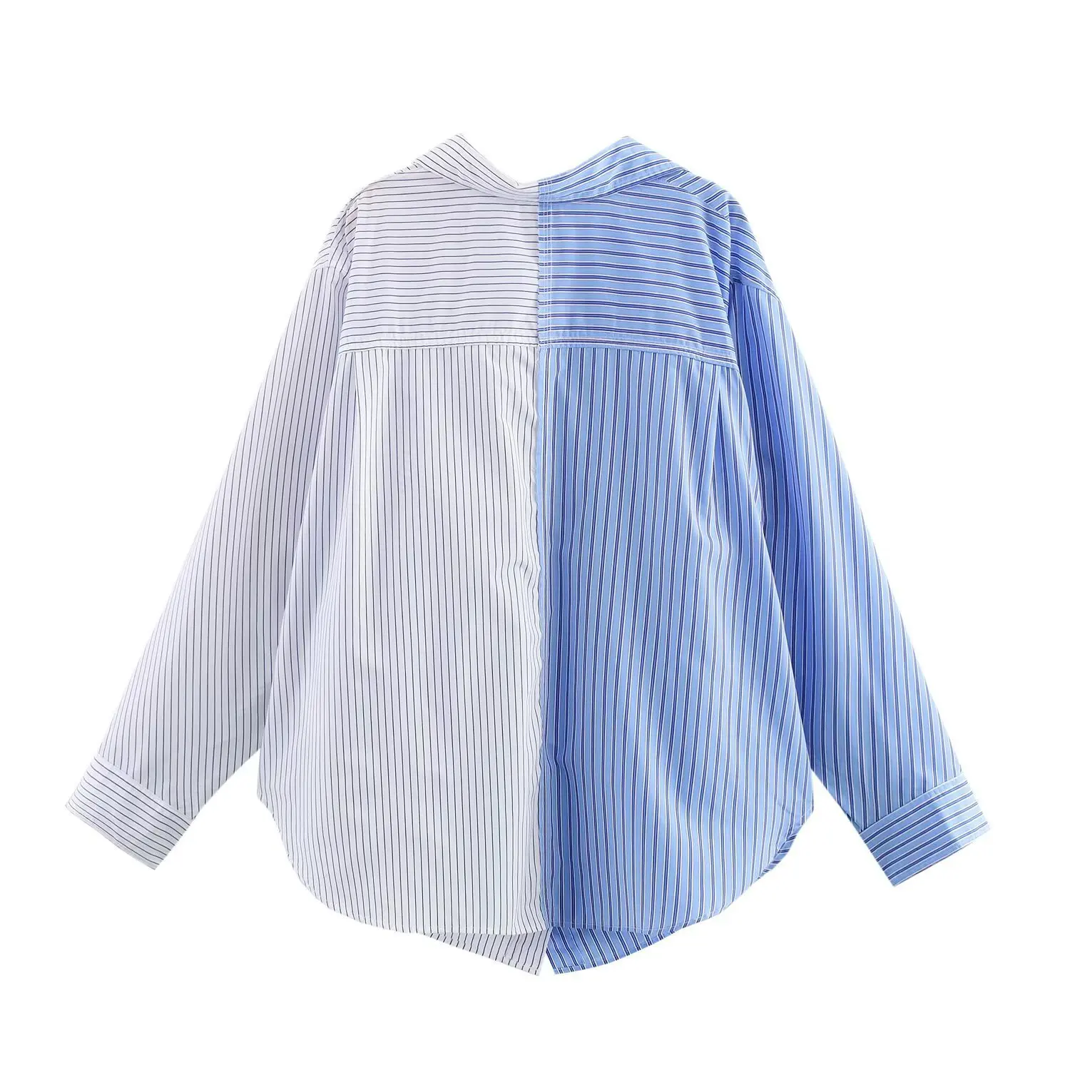 Sprin New Women's Patchwork Striped Poplin Loose Collar Shirt European Style Multicolour Button Up Shirt Women Summer Top