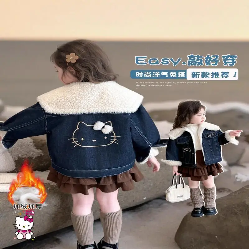 

Sanrio Hello Kitty Girls' Thick Cowboy Coat Kawaii Y2K Anime Autumn Winter New Collection with Velvet Girls' Baby Kids Outdoor