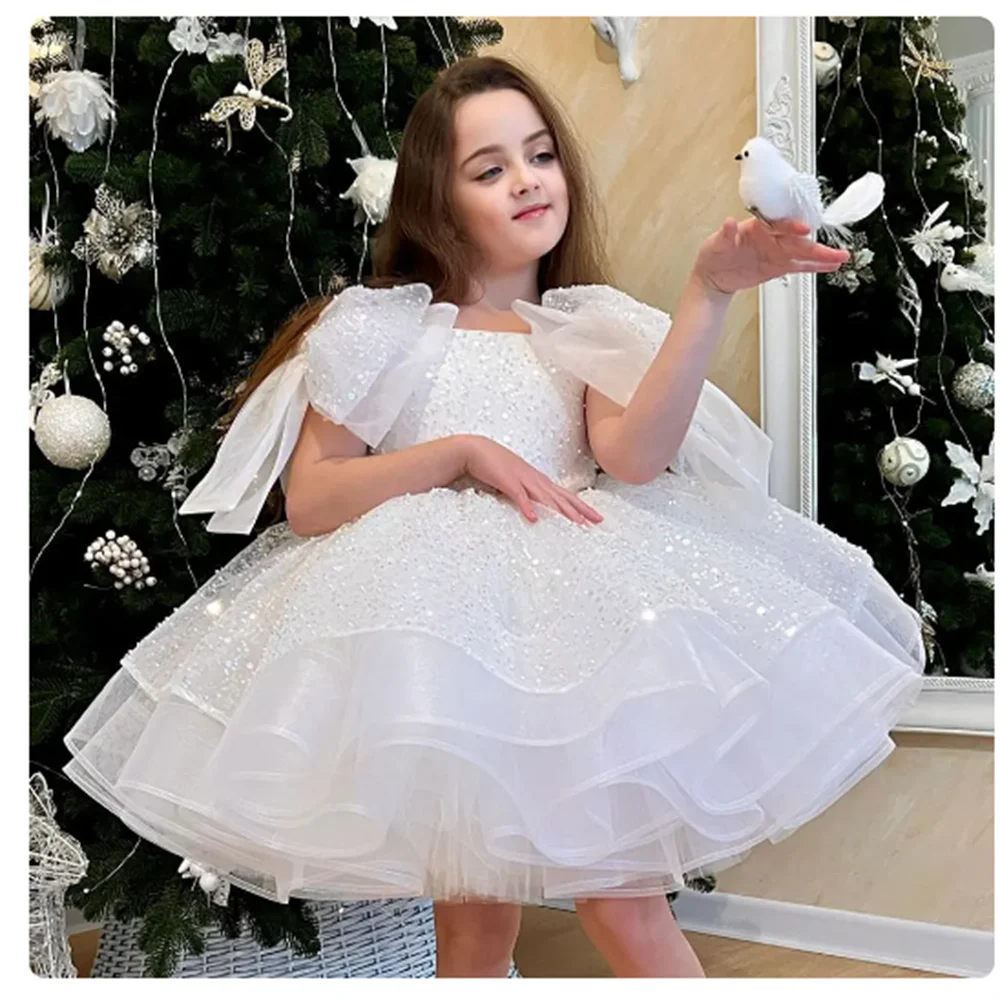 Sparkly White Flower Girl Dress Big Bow  Princess Kids Wedding Birthday Party Gown First Communion Pageant Banquet Performances