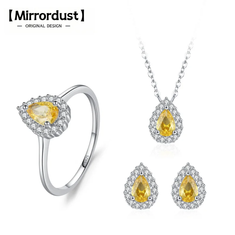 

【Mirrordust】FashionS925Серебряные серьги-гвоздики с каплями воды и желтым цирконием, ожерелье, кольцо, женский красочный драгоценный камень, ювелир из трех частей