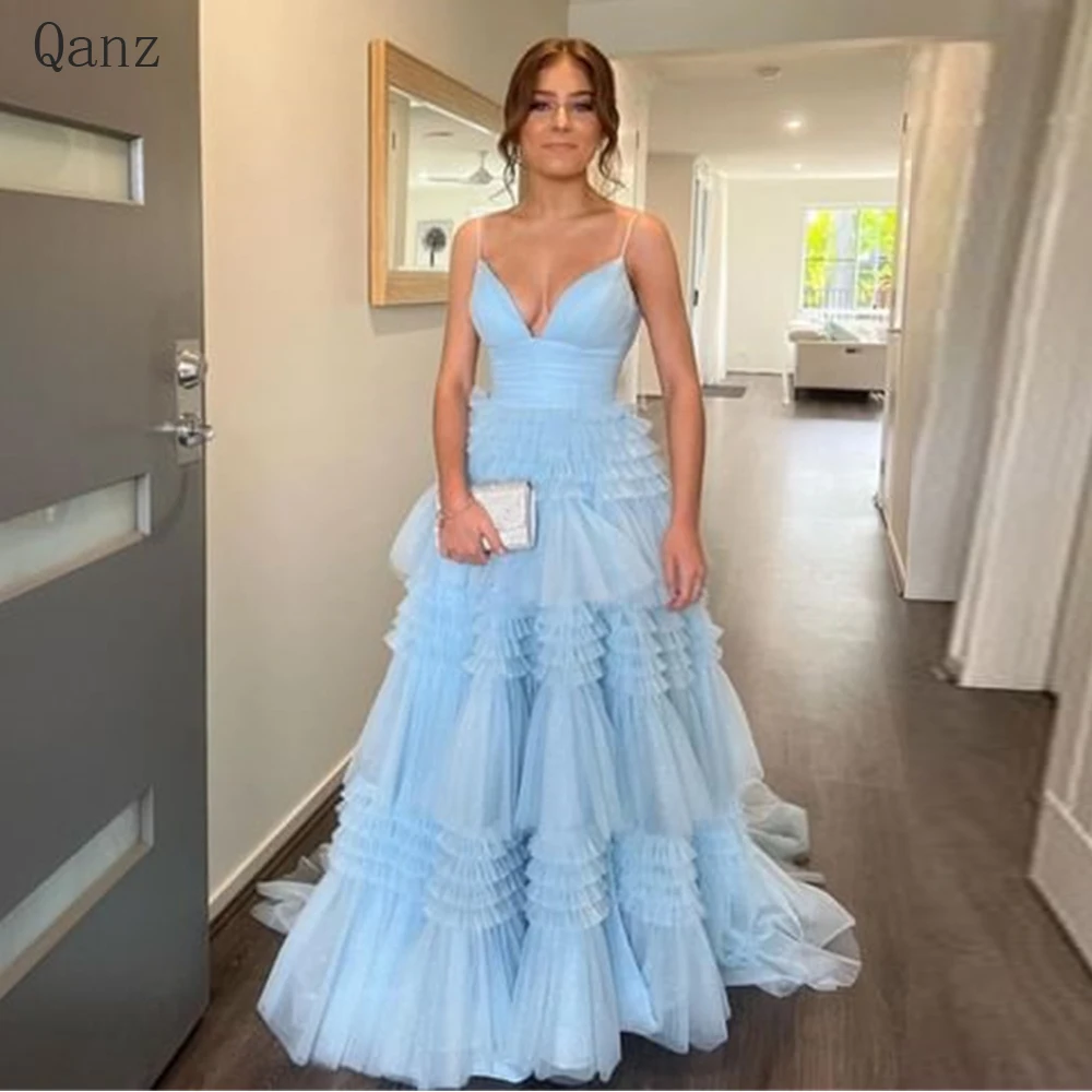 

Qanz Tulle V-neck A-line Evening Dresses Sky Blue Long Prom Gowns Sexy Spaghetti Straps Tiered Vestidos Para Mujer Party Dresses