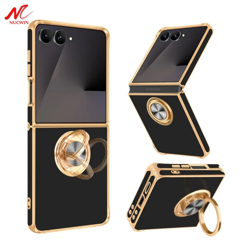 For Samsung Z Flip 8 Ring Holder Case Luxury Plating Airbag Shockproof Cover for Samsung Galaxy Z Flip 7 FE 6 5 Men Women Cover