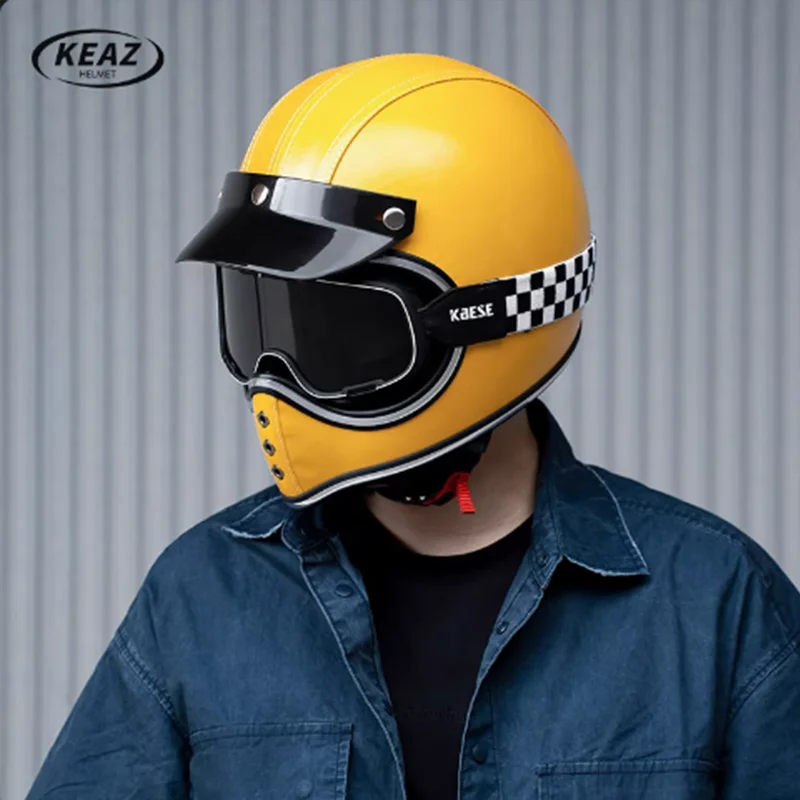 

Adventure Touring Design Road Retro Yellow Leather Fiberglass Racing Helmet Inspired Design with Advanced Aerodynamics