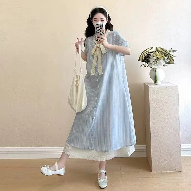 2026-summer-pregnant-women's-dress-single-breasted-lace-splicing-bow-fake-two-piece-style-dress-pregnant-women's-dress-zi966