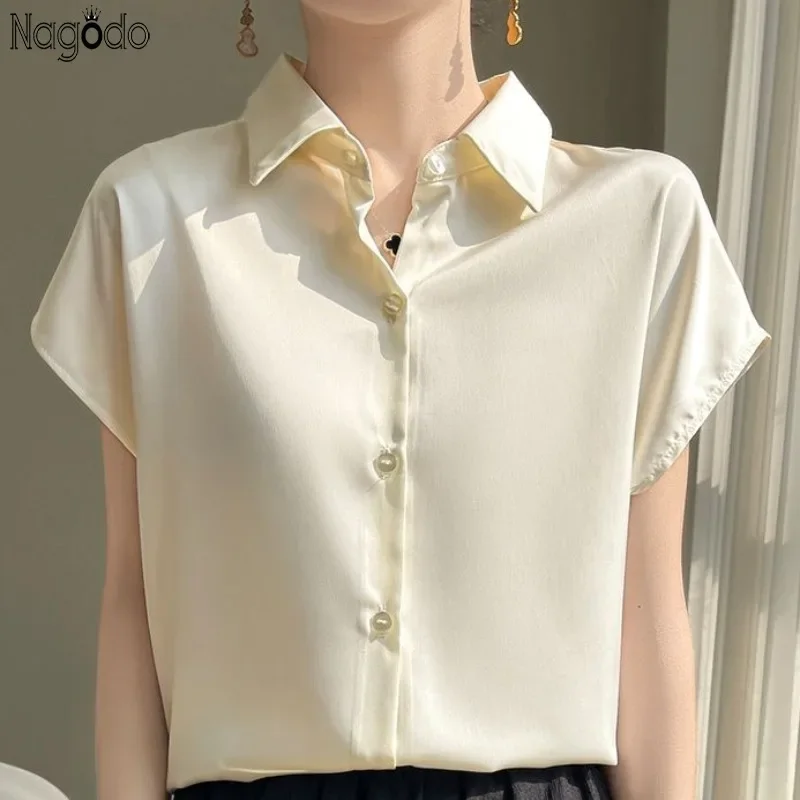 

Brand Quality Silk Satin Shirts Women 2024 Summer Casual Oversize Losse Blouses Tops Office Lady Short Sleeves Shirt Blusas