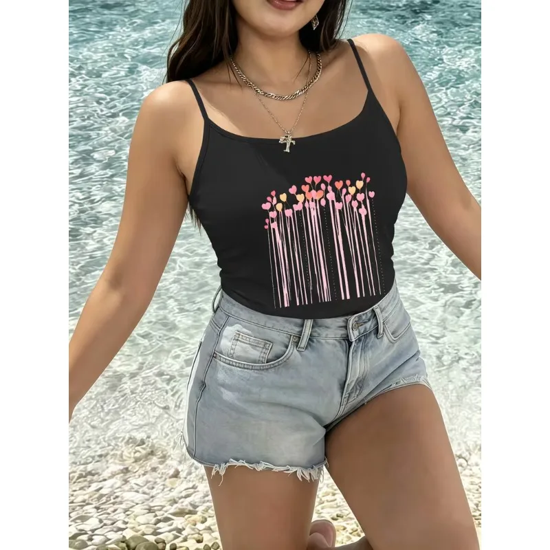 Women Leopard Print Heart Graphic Spaghetti Strap Camisole Tank Top Summer Sleeveless Vest Y2K Streetwear Daily Wear