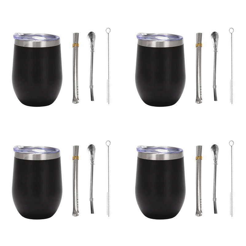 

AS60-4X Yerba Mate Gourd Tea Cup Set 12Oz,Double-Wall Stainless Coffee Water Cup With Lid 2 Bombillas Straws Spoon&Brush