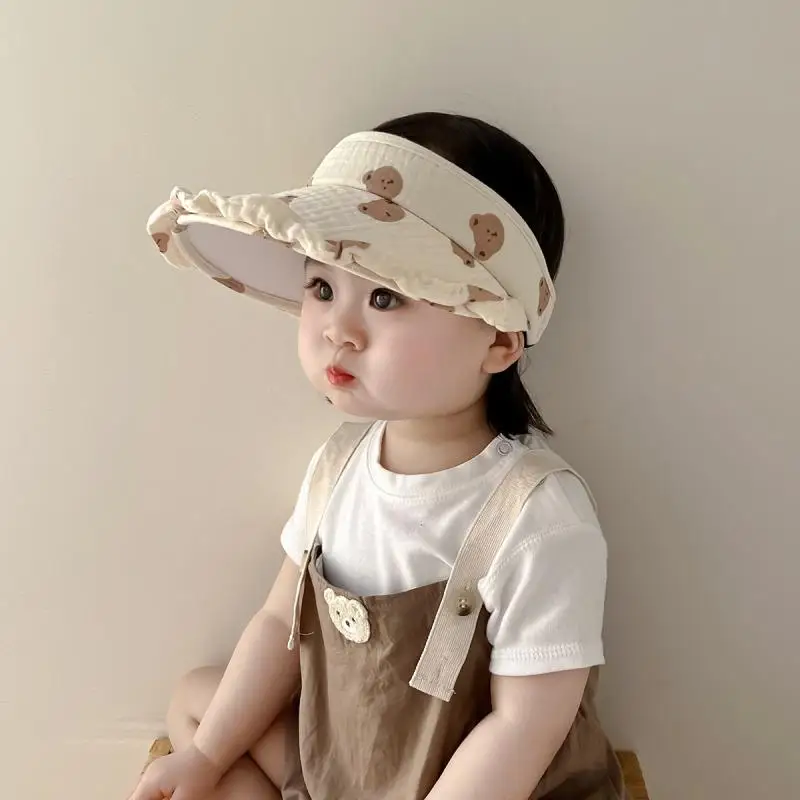 Summer Kids Hat for Girls Boys Cartoon Bear Printed Empty Top Sun Cap Adjustable Baby Sunshade Hats Korean Children Accessories