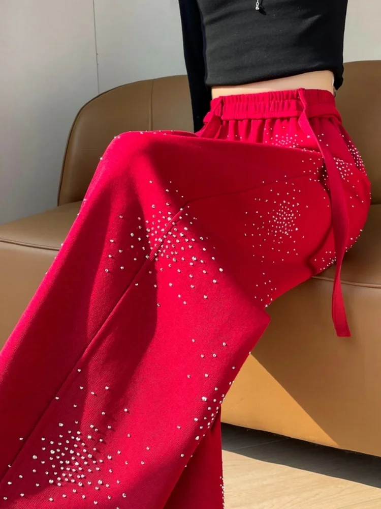 Red Sequin Casual Wide Leg Pants Women's High Waist Loose Slimming Drapey Banana Pants Commute Style Korean Version Pocket De...