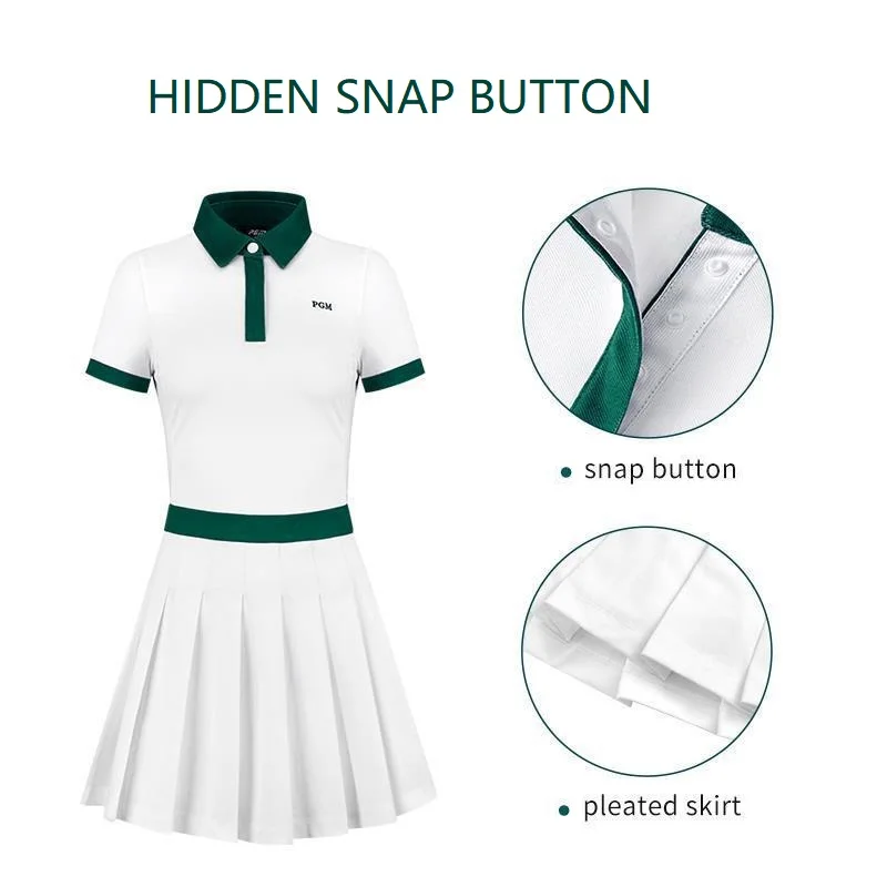 PGM Women Short-Sleeve Golf Polo Shirt Dress Slim Pleated Lady Golf Dress High Waist Anti-empty Skirt Dresses Elastic Sport Wear