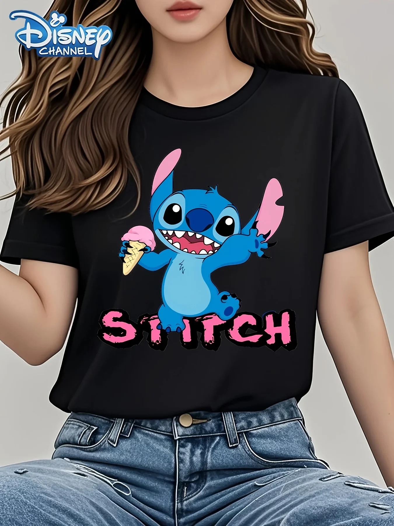 

Футболка с мультяшным принтом Happy Ice Cream Stitch, модная женская футболка больших размеров, новый летний свободный повседневный топ с короткими рукавами