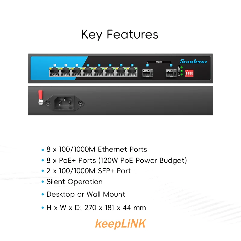 KeepLiNK 10-Port Gigabit Switch with 8-PoE Ports and 2-SFP Uplink Unmanaged Plug and Play