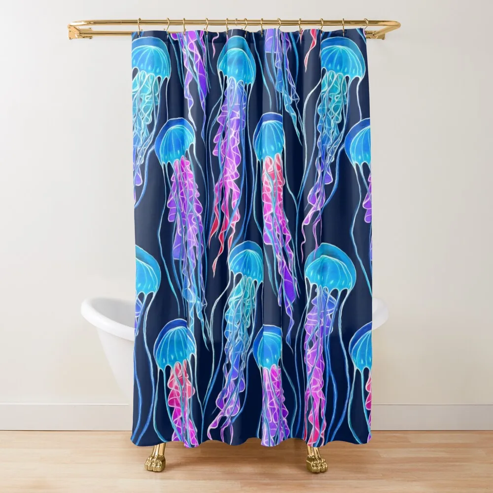 

Luminescent Rainbow Jellyfish on Navy Blue Shower Curtain Cover Transparent Bathroom Shower Curtain