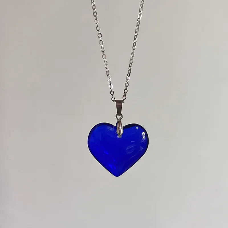 Korean Fashion Bundle Chains Colorful Heart Pendant Necklace for Women Korean Charms Glass Heart NecklaceVintage Jewelry Y2K