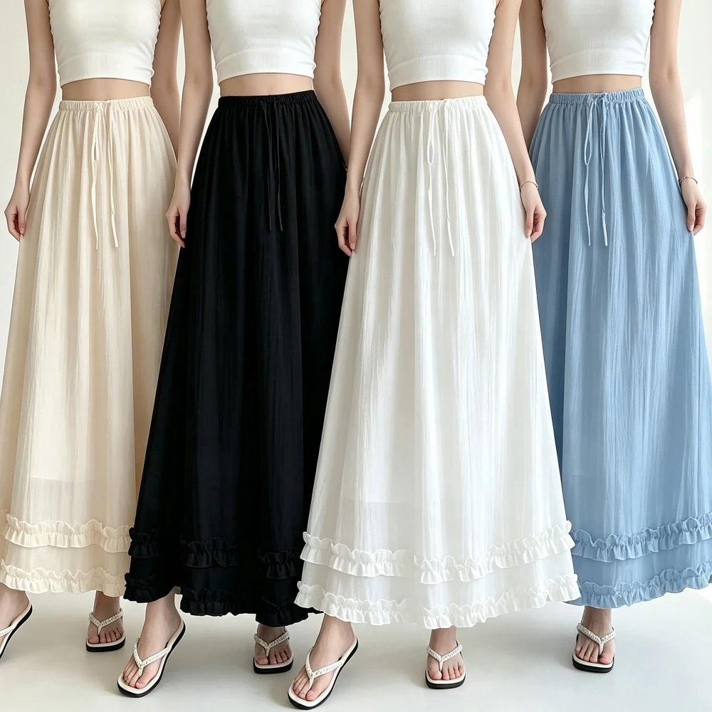 Women's Casual Solid Color Ruffles Maxi Skirt Elastic Waist A Line White Black Long Skirt Summer Autumn Beach Vacation Skirts