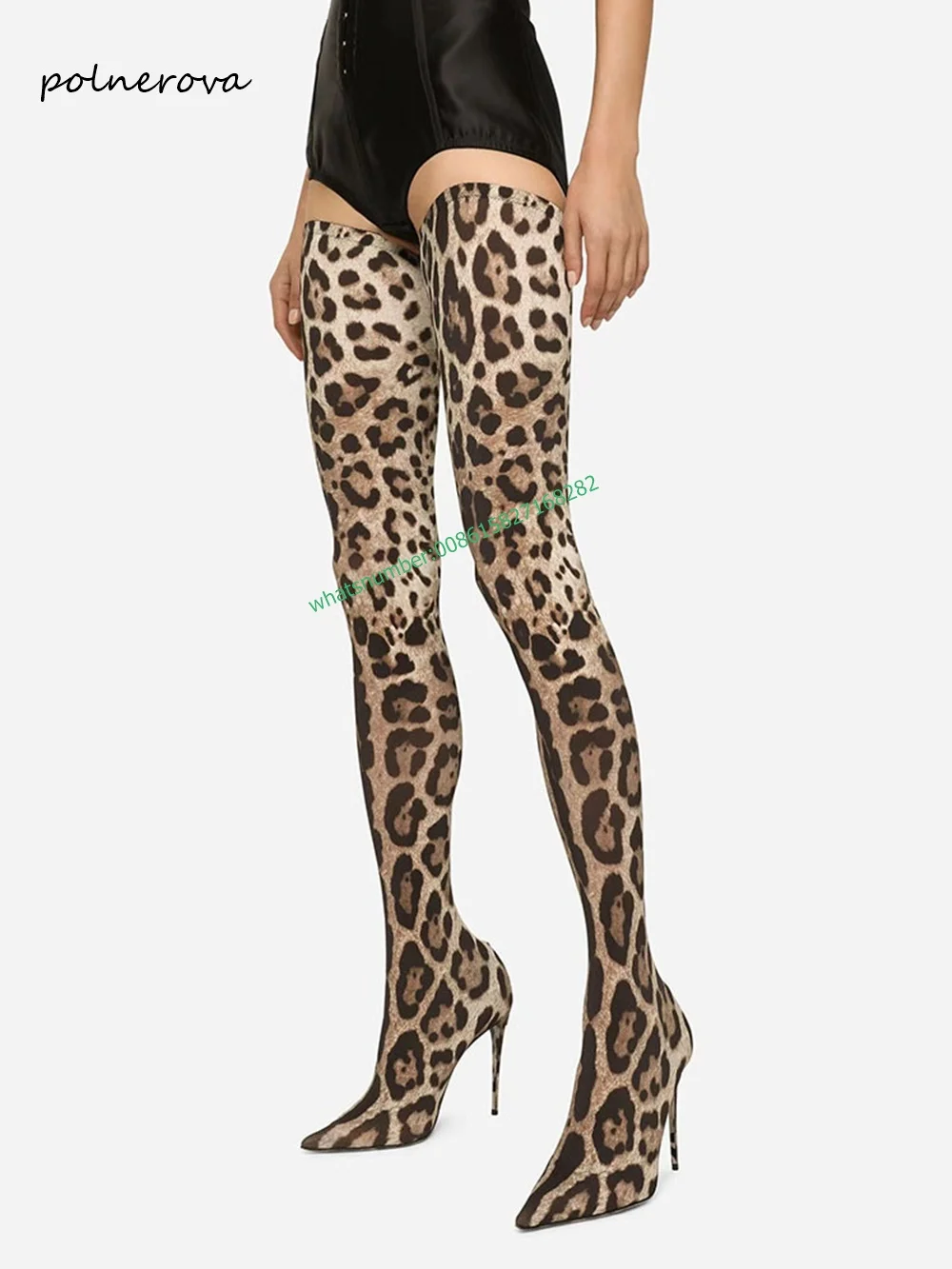 Leopard Over The Knee Boots Tight Fitting Pointy Thin Heels Slip-On Sexy Runway Show Fashion Party Pubs Shoes for Women Newest