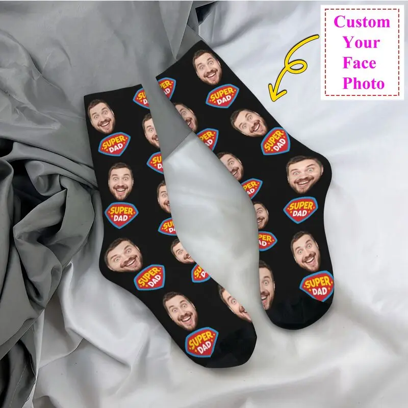 

Super Dad Custom Mens Crew Socks Unisex Kawaii 3D Printed Personalized Face Photo Design Dress Socks