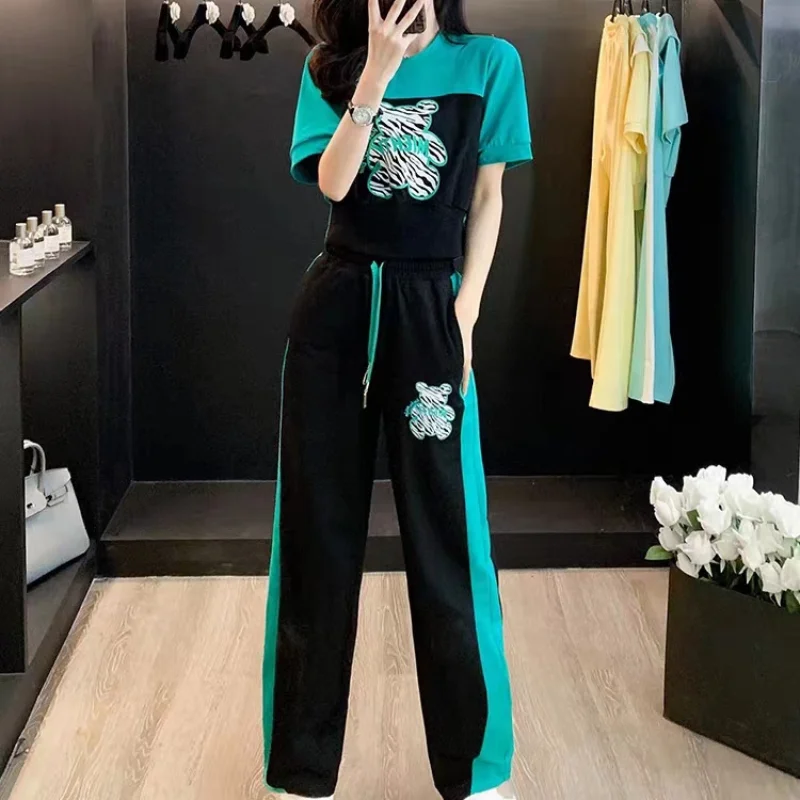 Casual Fashion Sports Suit Women\'s Summer Thin Trend Short Round Neck Matching Color Shirt T-shirt Wide Leg Pants Two-piece Set