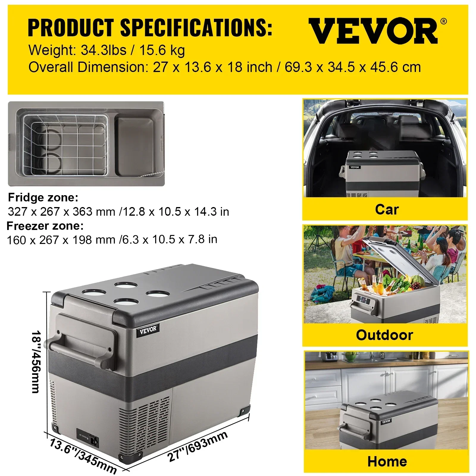 VEVOR 35L 45L 55L Autokühlschrank Mini-Kühlschrank mit Gefrierfach Tragbarer Kompressorkühler 12/24V DC 110-240V Eisbox für Camping 3
