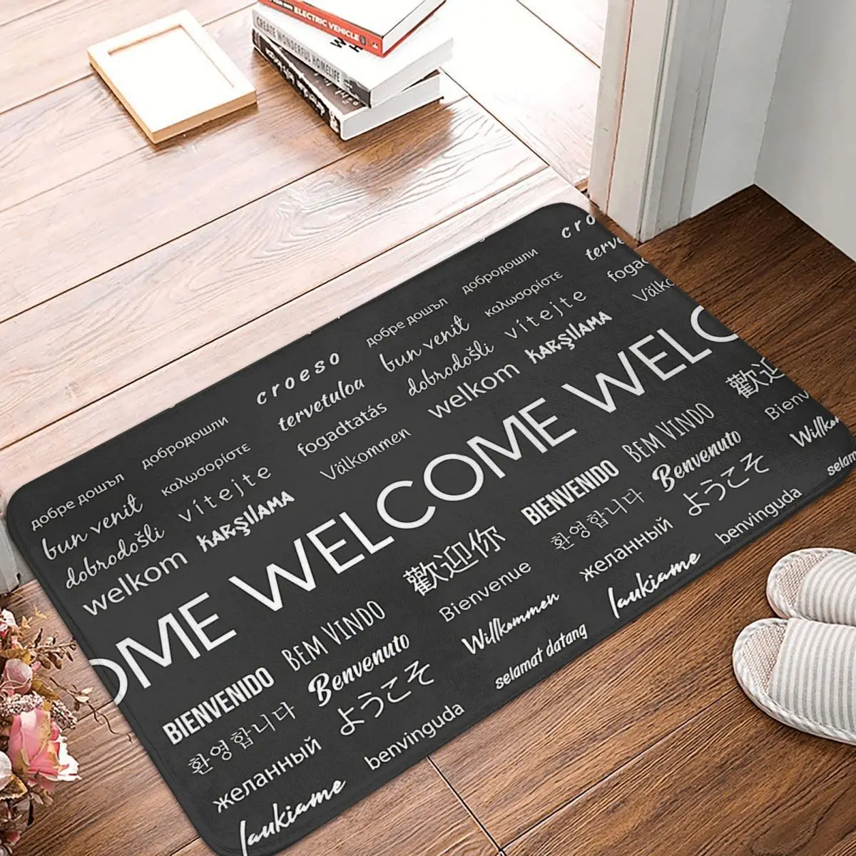 Welcome Kitchen Non-Slip Carpet Phrase In Different Languages Flannel Mat Entrance Door Doormat Floor Decoration Rug