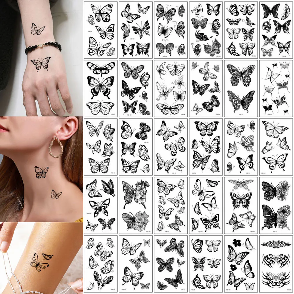 30 Sheets Black Butterfly Temporary Tattoos for  Women Waterproof Tattoo Stickers Suitable for Arm Body Realistic Fake Tattoo 