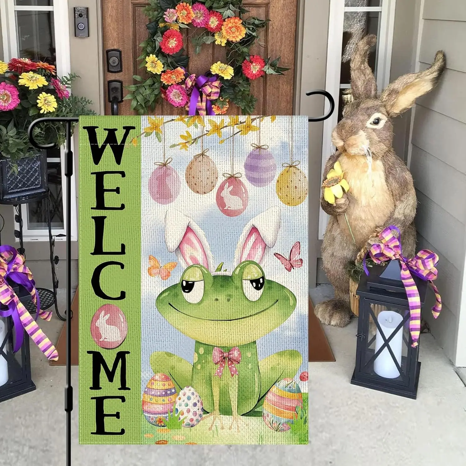 DLZDN Welcome Easter Frog Egg Garden Flag 12×18 Inch Double Side Vertical Burlap Farmhouse Yard Sign Spring Holiday Outdoor  EEZ