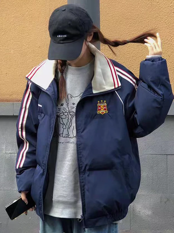 Thiened College Sle Women's down Jaet Winter Warm Cotton Coat Striped American Retro Outerwear Long Sve Zipper