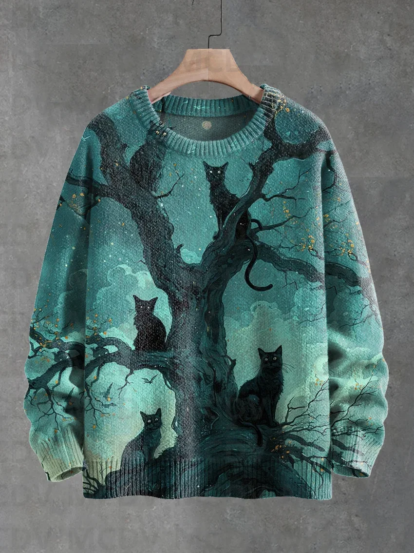 

Black Cat In The Trees Halloween Printed Knit Pullover Sweater Women For Men Sweater