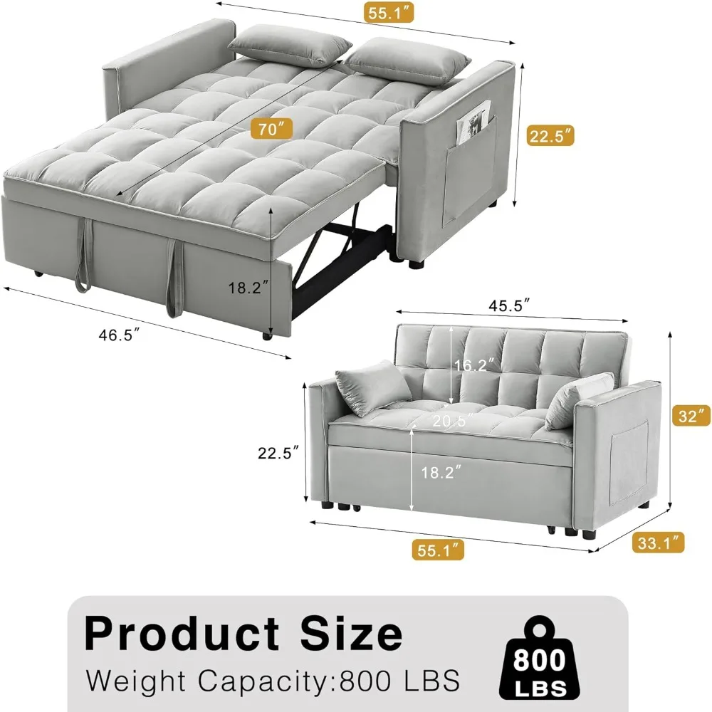 3 in 1 Convertible Sleeper Sofa Bed,Futon Couches for Living Room with Side Pocket Velvet Fabric   Loveseat | Sectional Sofa Bed