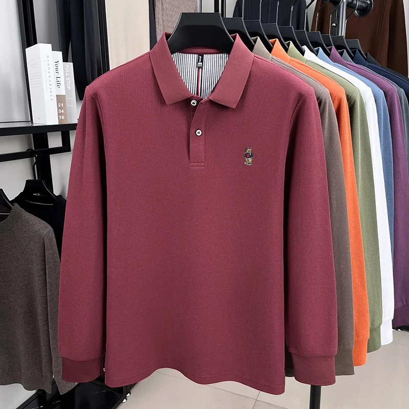 100% القطن الخالص الربيع والخريف جديد الرجال طويلة الأكمام مريحة عادية بولو قميص رائعة التطريز الدب تي شيرت