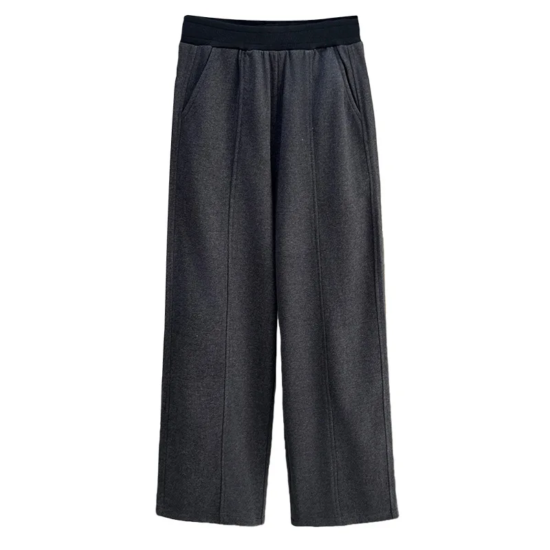 XXXXL Fashion Plus Size Woman Clothing Wide Leg Pants 2025 Autumn Winter Casual Color Matched Waist Woolen Curved Trousers 1752