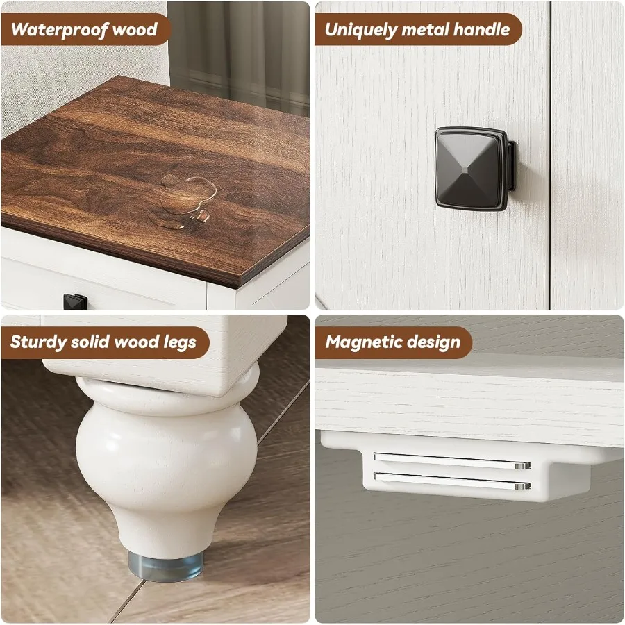 引き出しと収納キャビネット付きファームハウスエンドテーブル 18インチ ホワイトナイトスタンド ドア付きベッドサイドエンドテーブル 調節可能な棚付き