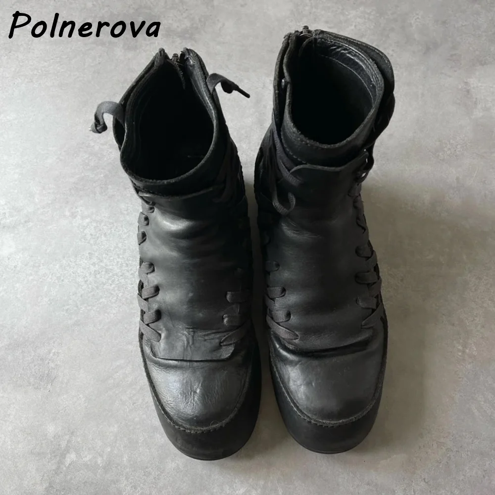 Side Cross Tied Black Boots Round Toe Thick Soled Solid Back Zipper Distress Retros Shoes Women's Winter Runway Concise Shoes