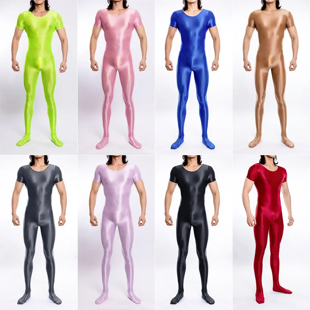 Men Short Sleeve Bodysuit Gym Leotard Shiny Jumpsuit Yoga Fitness Elastic Tights Elastic Fitness Pants Running Yoga Pants