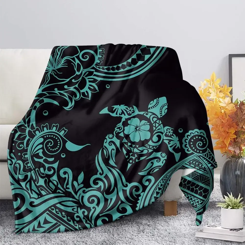 Polynesian Tribal Sea Turtle Pattern Black Flannel Throw Blanket Soft Cozy Lightweight Warm for Kids Adults Travel Camping Gifts