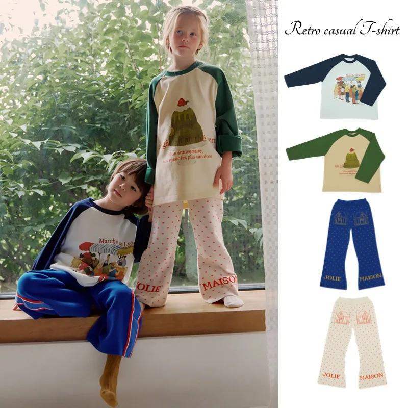 

Children's Autumn Cotton Tops Korean Of Fashion Boys Girls With Casual T-Shirt In Kid Long-Sleeved +Bell Bottom Trousers 2PCS