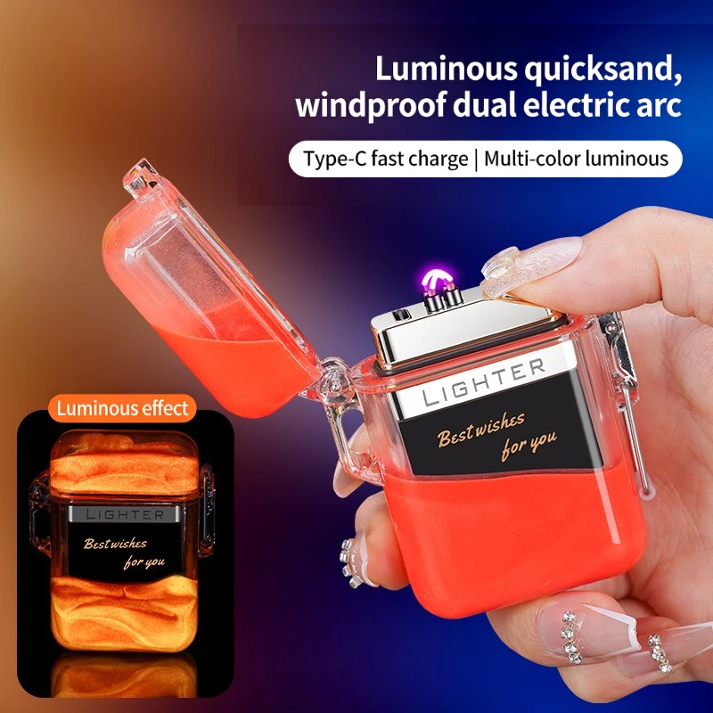 2026 Luminous Sand Flowing Dual Arc Lighter Rechargeable Electric Lighter Creative Glow-in-the-Dark Lighter for Gift & Daily Use