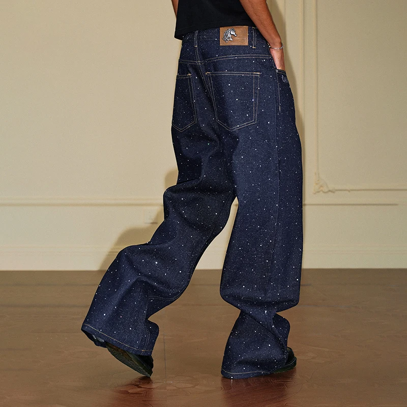 MWJLPWQ Sky Sparkling Diamond Snowflake Jeans Men's High Street Fashion Starry Pattern Loose Fit Denim Wide Leg Trousers 17497