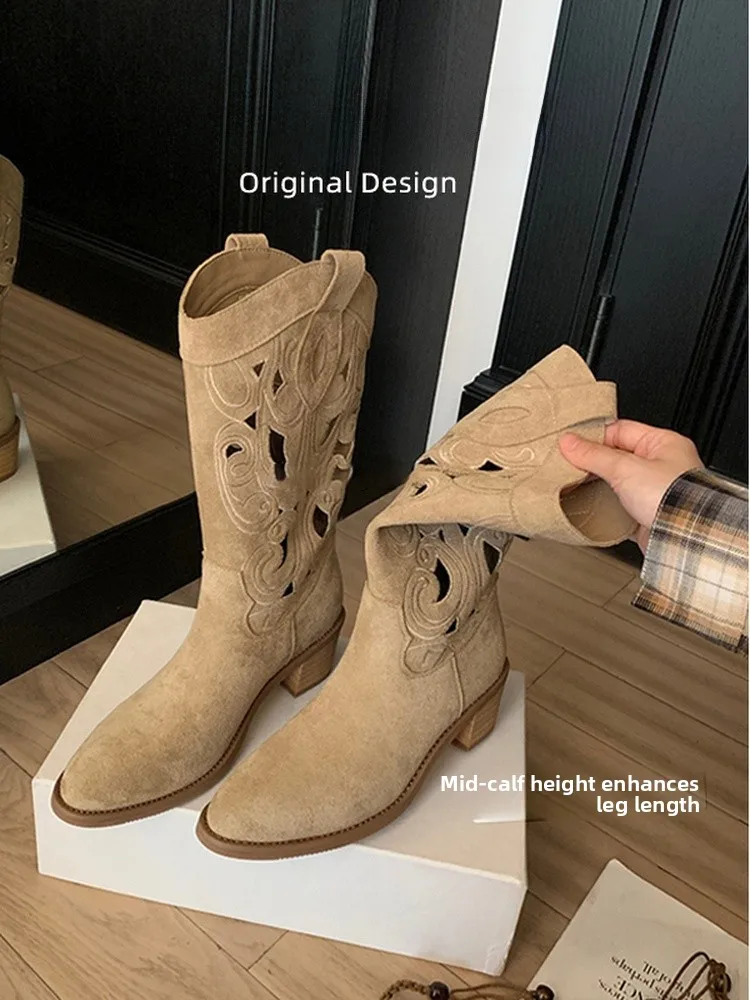 

Retro Western Cowboy Knight Booties ort Embroidered Leather Women's oes Briti Sle Chunky Heel Faion Boots