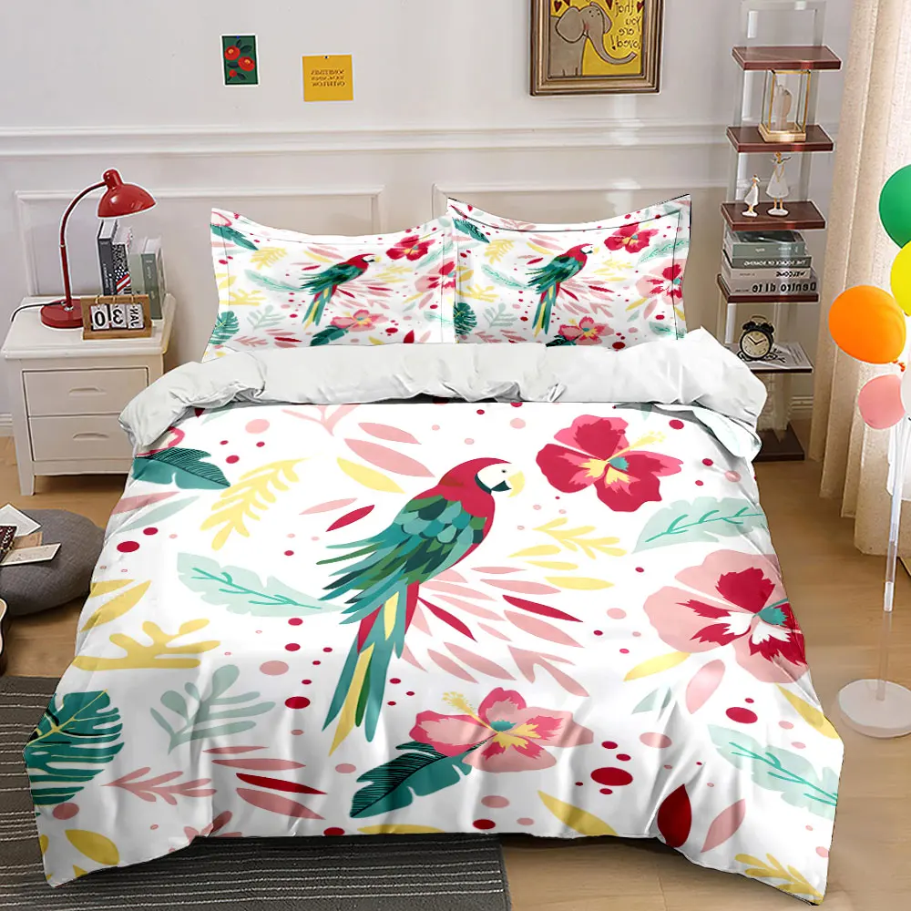 Tropical parrot and vibrant flowers Printed Duvet Cover Set1 Duvet Cover+2 PillowcaseMulti Size Bedroom Bedding Decoration